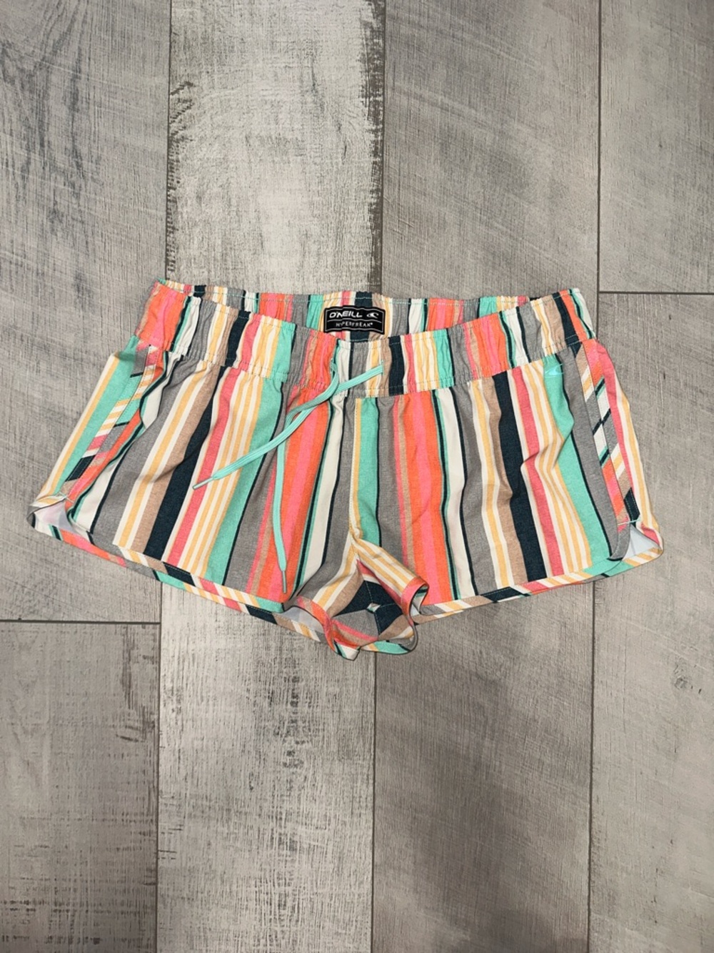 O'Neill Women's Striped Athletic Shorts - Coral, Teal, Yellow & Navy